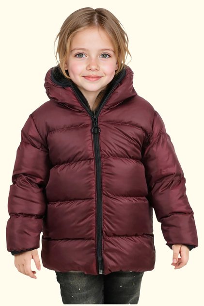 Girl's Burgundy Fleece Inside Furry Hooded Waterproof Wind Resistant Inflatable Winter Jacket Coat