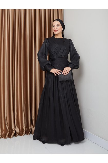 Rochie de seară din șifon cristal cu detaliu volan și pliuri, stil hijab NEGRU 1230