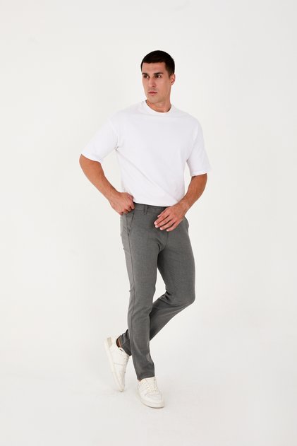 Men's Jogger Pants Slim Fit Waist Half Elastic Lycra Dark Gray Fabric Trousers