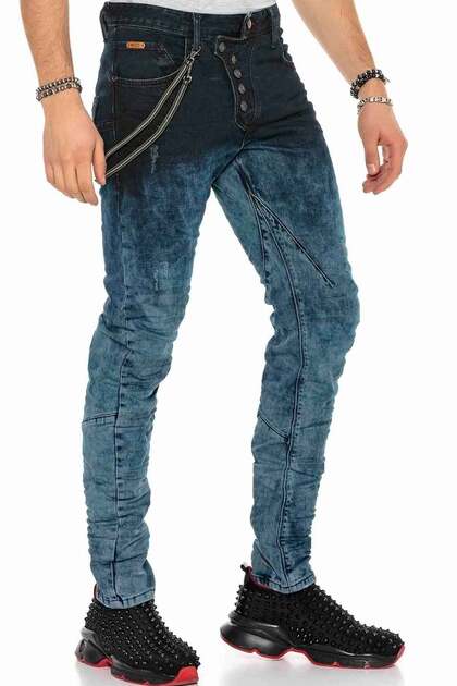 Men's Navy Blue Washed Chain Buttoned Jeans