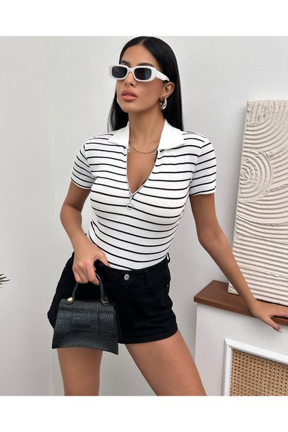 Women's White Black Half Zipper Polo Neck Ribbed Knitted Blouse