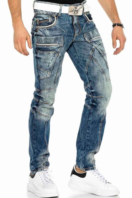 Cd391 Relaxed Cut Blue Men's Jeans with Stitching Detail