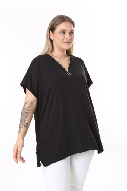 Oversize Large Size Viscose Black Zipper Detail Battal Bluz