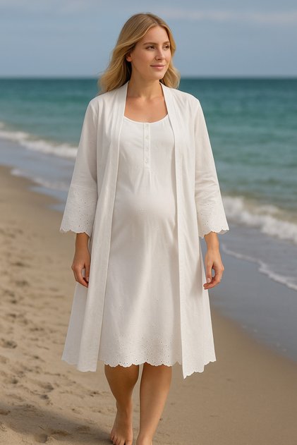 100% Cotton Fisto Fabric Nightgown Set with Dressing Gown – Elegant, Modern and Natural Design