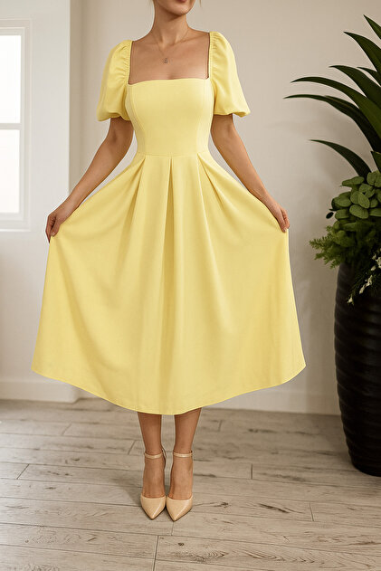 knee length dresses for ladies Beige Contrast Smocked Balloon Sleeve Midi Dress main image 0