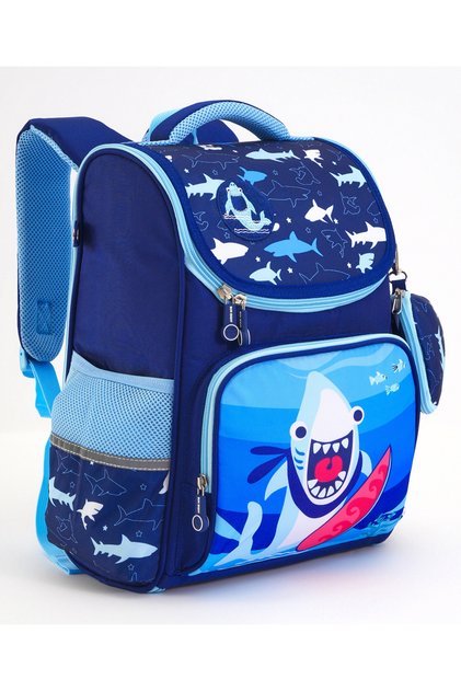 Bonfino Shark Themed School Bag with Pencil Pouch, Padded Shoulder Straps, Blue - 15 Inches