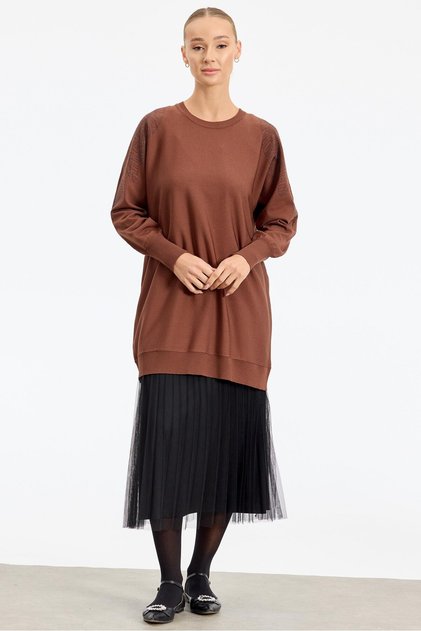 Omzu Taş Baskılı Rayon Tunik KAHVE