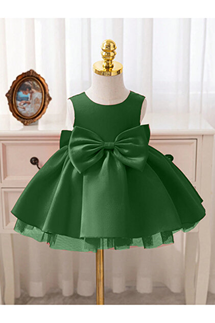 emerald green infant dress Velvet Dress With Satin Hem Bands 4T main image 0