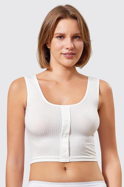 7011 Thick Strap Buttoned Ribbed Crop Bustier Half Singlet