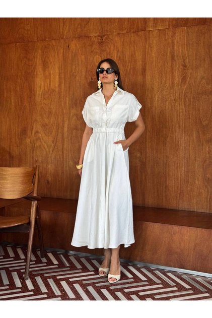 Premium Suite Cotton Modal Summer Striped Ecru Shirt Dress with Elastic Waist