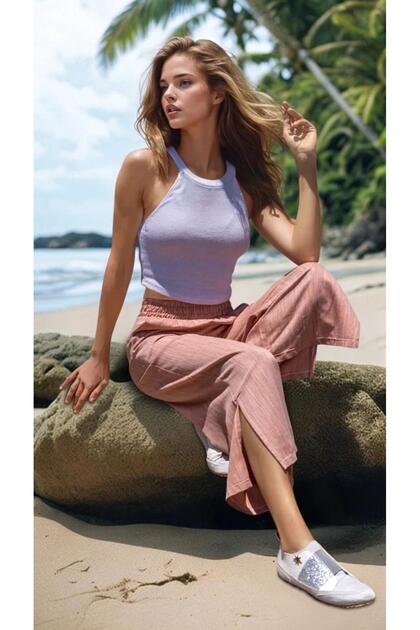 Women's Tile Linen Elastic Waist Pocketed Leg Slit Casual Capri Bermuda Trousers 700-3404209