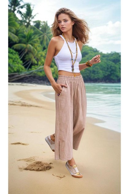 Women's Camel Linen Elastic Waist Pocketed Leg Slit Casual Capri Bermuda Trousers 700-3404209