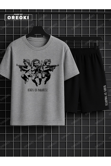 Children of Heaven Printed Cotton Unisex Gray T-Shirt-Black Shorts Set