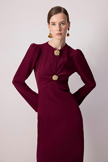 burgundy dress gold buttons Meagan Burgundy Drop Waist Dress main image 0