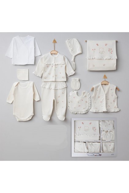 Boxed 100% Organic Cotton 10 Piece Baby Girl Tulip and Butterfly Embroidered Hospital Exit Bodysuit Set