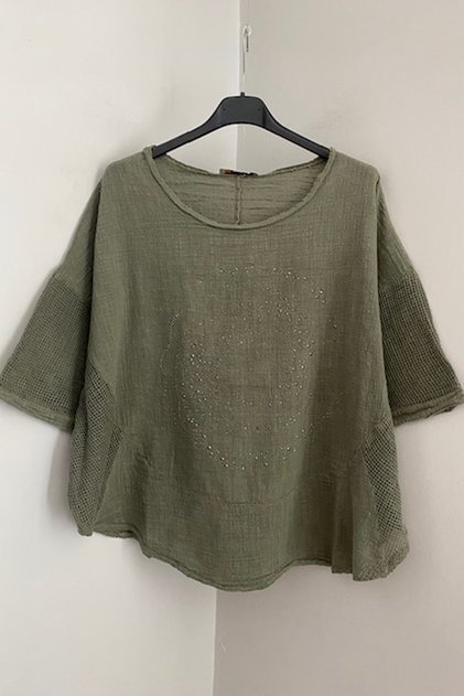 Women's Khaki Sleeves Mesh Stone Short Sleeve Oval Blouse