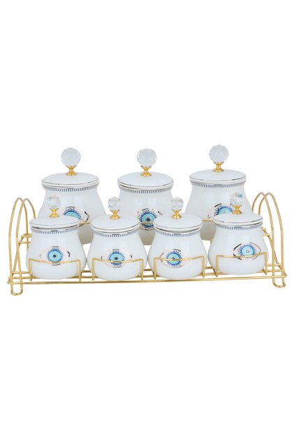 Set of Porcelain Spice Jars Alsaif Gallery, 8 Pieces - White Blue