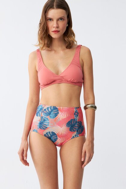 Women's Salmon Pad Top and Tropical Print High Waist Bikini Set