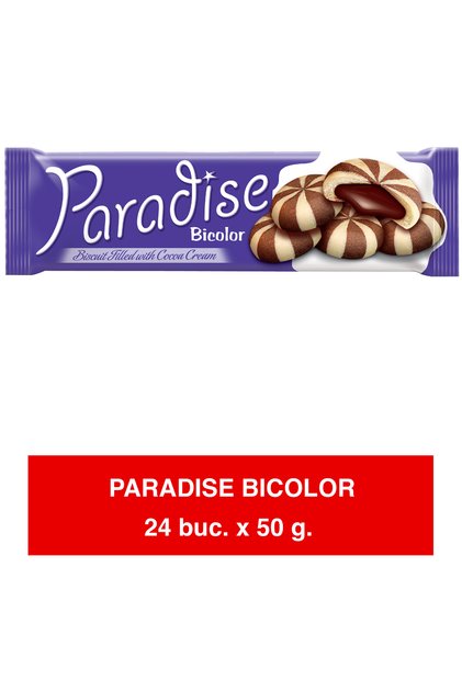 Biscuiți Bicolor cu cremă de cacao – Ambalaj blister – 50g x 24 |   Gustare aromată