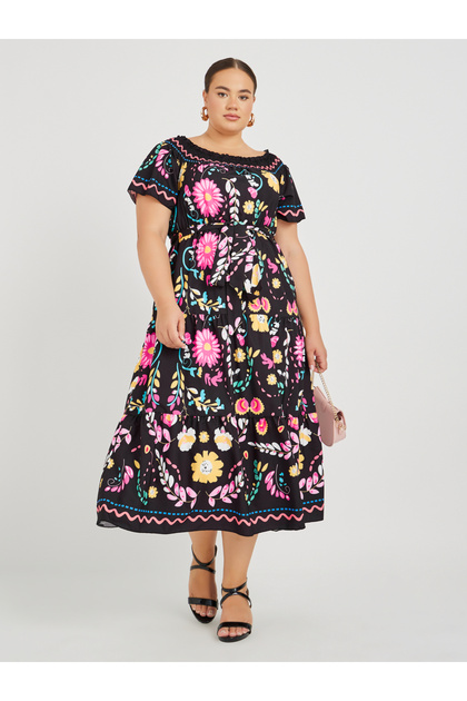 Pluss Size Printed Smocked Neckline Maxi Dress
