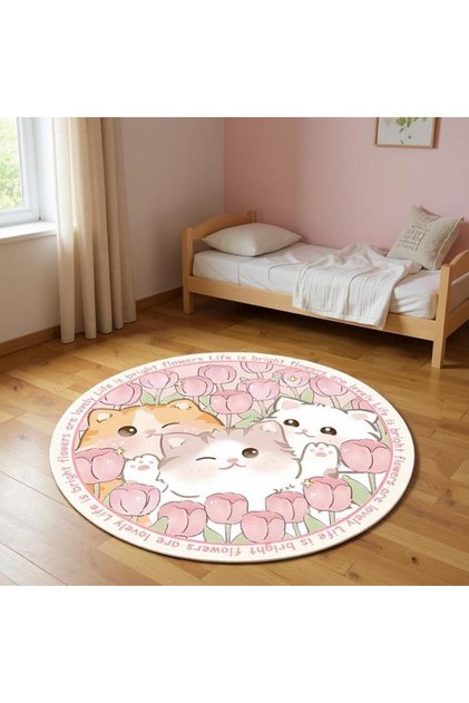 North Collection Text and Flower Detailed Cats Patterned Woven Base Round Decorative Carpet Kuzey73