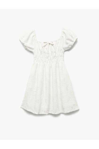 Crew Neck Brode Bow Detailed Balloon Sleeve Dress