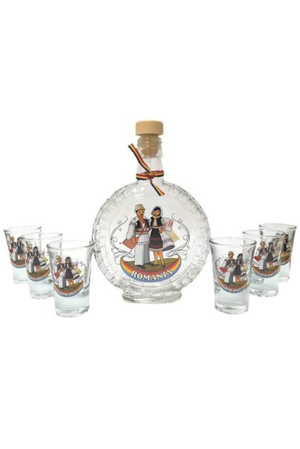 Set sticla si pahare decorate 6 pahare lichior, Romania, Souvenir
