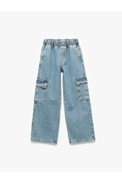 Pamuklu Cep Detaylı Geniş Paça Kargo Denim Pantolon
