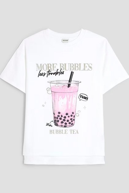 تي شيرت أبيض مطبوع عليه Bubble Tea للفتيات - قطن صيفي