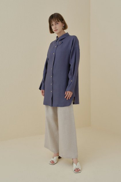 Kol Detaylı Oversize Keten Tunik İndigo