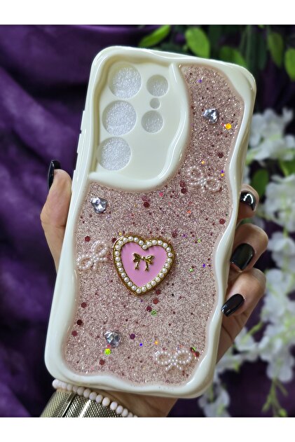 Samsung Galaxy S25 ULTRA Uyumlu Kalpli Pembe Simli İnci ve Kurdele Detaylı Şık Telefon Kılıfı