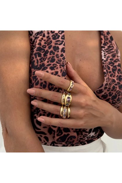 Liorre - 6 Pieces Zircon Lilac Stone Stylish Design Multiple Adjustable Gold Ring Set