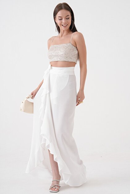 White Maxi Length Woven Flounce Beach Skirt