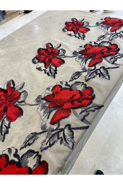 Red Floral Pattern Embroidered Tulle Fabric Skirt Water Embroidered En150 cm - for Evening Dresses and Special Designs