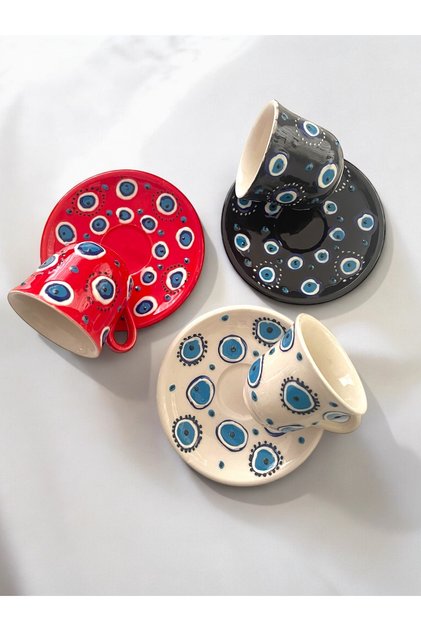 Decorative 3-Person Stylish Evil Eye Bead Design Fully Handmade Coffee Cup Set