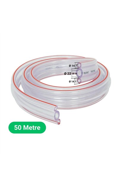Süt Sağma Makinesi Üçlü Süt Hortumu (Şeffaf-Kırmızı Çizgi Ø14xØ22/Ø7xØ14mm 50M)