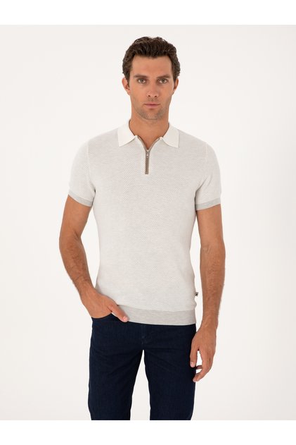 Light Gray Slim Fit 100% Cotton Zippered Polo Neck Knitwear T-Shirt 50305981-Vr001