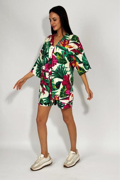 Woven Viscose Relaxed Fit Kimono Shorts Top and Bottom Set Green