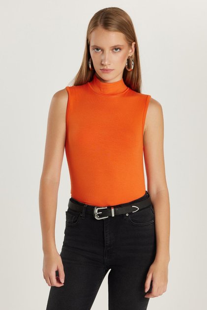 Women's Regular Fit Classic Cut Viscose Fabric Turtleneck Zero Sleeve Orange Blouse