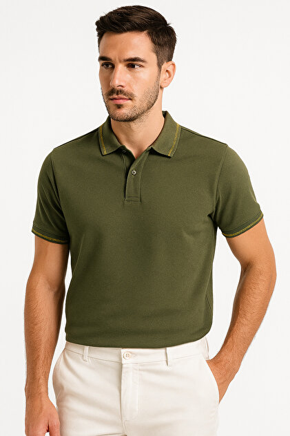 Navy Blue 2990-1 Casual Contrast Detailed Khaki Polo Neck Men's T-Shirt