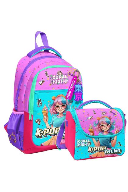 Three-Eyed Pink K-Pop Ice Cream Girl School Backpack and Lunch Bag for Girls
