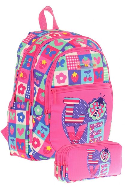 Girl's Bag and Three-Eye Pencil Bag Set - Pink Blue - Love (L5229+L8229)
