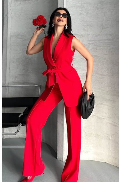 Women's Shawl Collar and Belted Vest Pants Suit Red