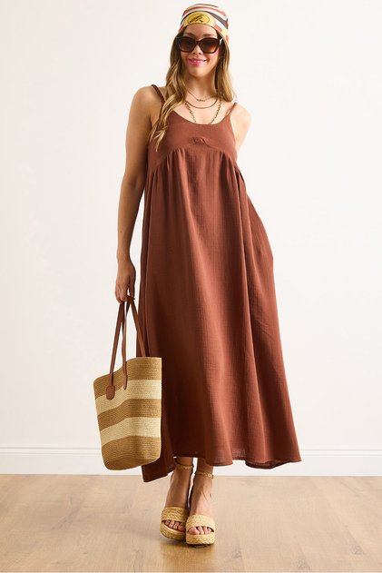 Women's Brown Strap Knitted Maxi Muslin Dress Elb-19002481