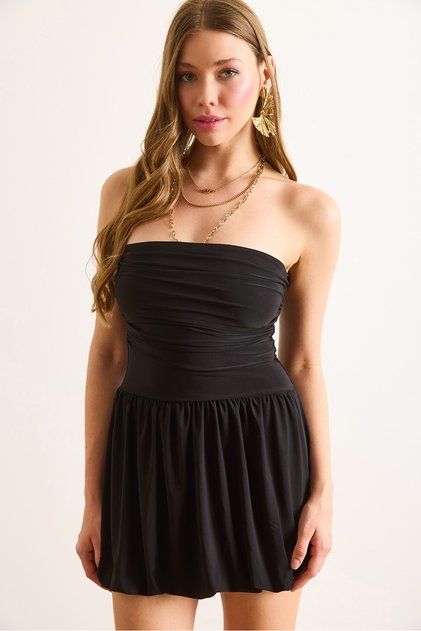 Women's Black Strapless Balloon Skirt Flowy Mini Sandy Dress Elb-19002485
