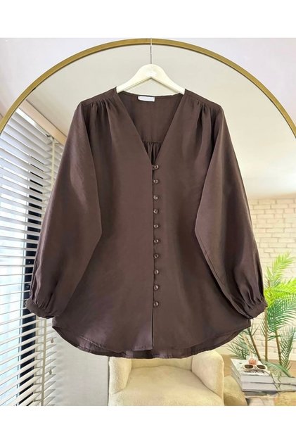 Women's Tiny Button Detailed V-Neck Balloon Sleeve Brown Hijab Shirt