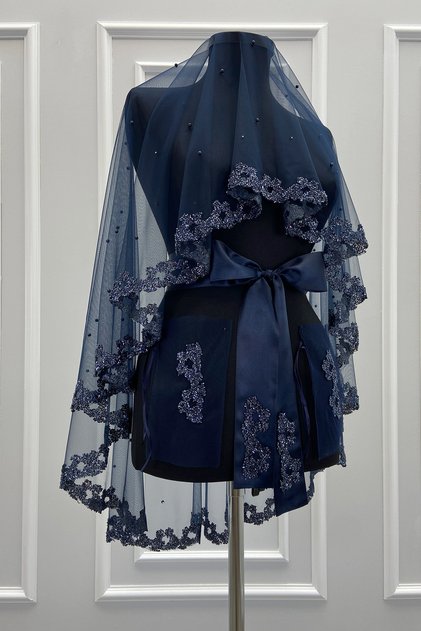 Navy Blue Bridal Veil Set, Glass Beads and Pearls, Henna Night Veil Face Cover Set 6 Pieces