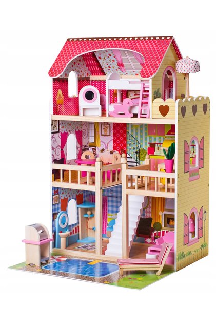 Casuta de papusi din lemn fara margini ascutite, "ISP Doll House Pool" cu 3 Nivele, 5 Camere