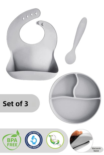 3-Piece Silicone Feeding Set - Silicone Bib, Vacuum Plate, Teether Spoon, Gray
