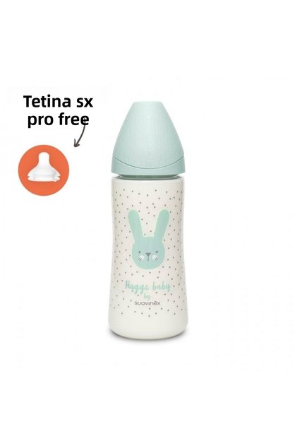 Biberon 360 ml cu tetin; ολοστρόγγυλος; din silicon, debit dens, iepura; verde Hygge Suavinex